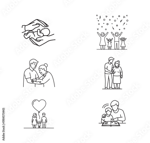Set of family life icons showing childcare celebration parents grandparent relationship and future generations symbols for unity happiness and support.