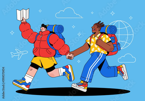 Flat vector microstock illustration of a diverse couple backpacking, running together with backpacks, holding hands and a map. Global travel icons on a blue sky. Adventure exploration.