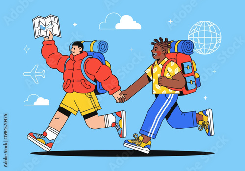 Flat vector microstock illustration of a diverse couple backpacking, running together with backpacks, holding hands and a map. Global travel icons on a blue sky. Adventure exploration.