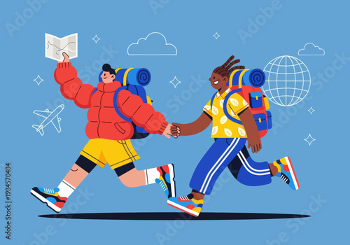 Flat vector microstock illustration of a diverse couple backpacking, running together with backpacks, holding hands and a map. Global travel icons on a blue sky. Adventure exploration.