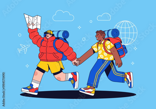 Flat vector microstock illustration of a diverse couple backpacking, running together with backpacks, holding hands and a map. Global travel icons on a blue sky. Adventure exploration.
