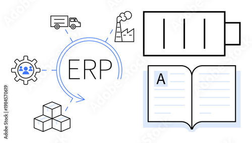 Enterprise resource planning, logistics, supply chain, manufacturing, business solutions, data management. ERP text with icons for factory, gear truck open book. Logistics and supply chain
