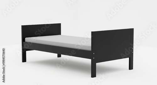 Minimalist bedroom furniture design featuring a modern black bed frame with neutral bedding