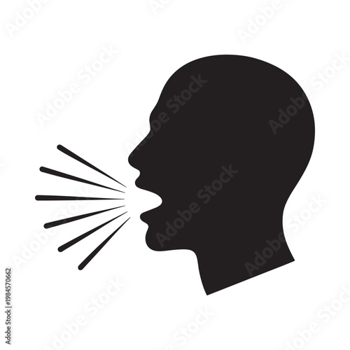 Silhouette of a head in profile actively speaking or shouting loudly