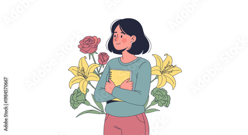 Woman holding flowers and a book.