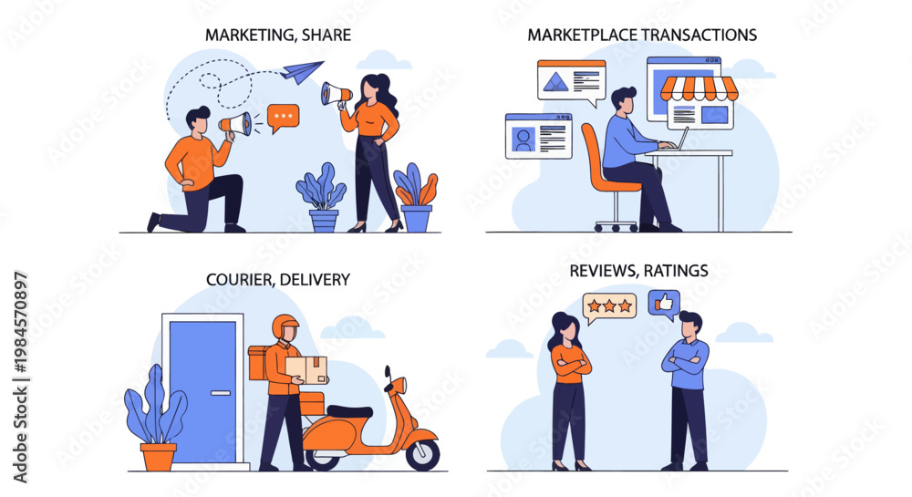 Fototapeta premium Set of four flat vector illustrations: marketing, marketplace transactions, courier delivery, and customer reviews. E-commerce business concepts.