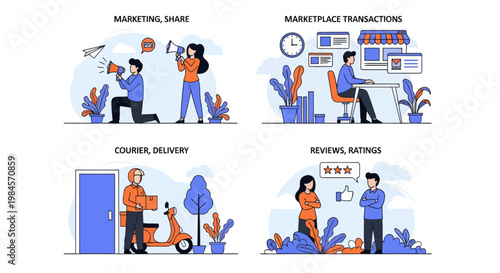 Set of four flat vector illustrations: marketing, marketplace transactions, courier delivery, and customer reviews. E-commerce business concepts.