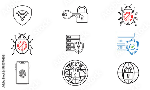 Global network security and antivirus protection line icons featuring server databases mobile device fingerprint scanners world map with locks and software bug malware detection symbols.