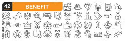 Set of line icons related to Benefit. Outline icons collection. Editable stroke. Vector illustration