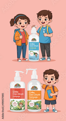 Cartoon illustration of happy children with backpacks showcasing large bottles of detangling hair cream, emphasizing child-friendly hair care products.