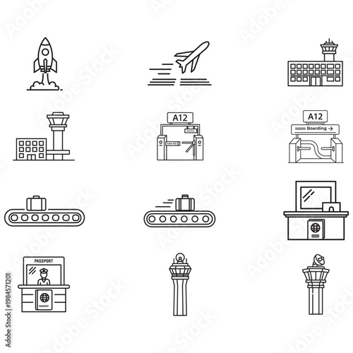 Airport travel process line art icons including rocket plane terminal gate baggage claim passport control and control tower.
