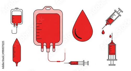 Medical blood donation equipment and blood drop illustrations.