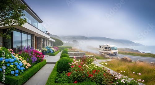 Modern coastal residence with landscaped gardens, overlooking a scenic road where an RV travels along, misty mountains