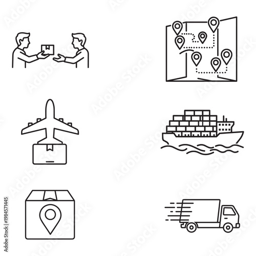 Logistics and shipping service icon set including delivery handoff map route plane cargo ship package with location pin and fast truck for global supply chain and transportation industry.