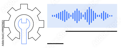 Audio technology concept. Soundwave and gear sound engineering, digital audio processing, and system settings. Audio technology in media, multimedia tools, IT systems, and content creation