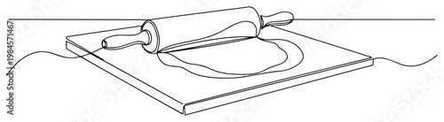 Rolling pin with dough on baking board continuous one line drawing minimalist kitchen bakery tools