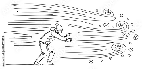 Person walking against strong wind and storm continuous one line drawing minimalist winter weather