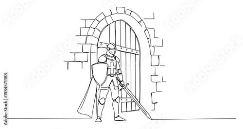 Medieval knight with sword and shield at castle gate continuous one line drawing minimalist warrior