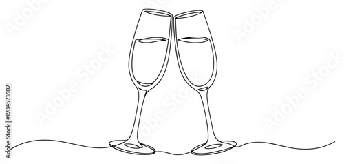 Champagne glasses toast continuous one line drawing minimalist celebration and wedding anniversary