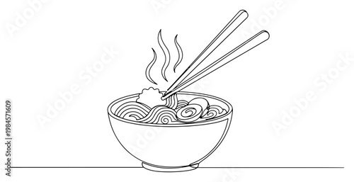Ramen noodle bowl with chopsticks and steam continuous one line drawing minimalist japanese food art