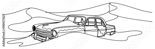Abandoned vintage car buried in desert sand continuous one line drawing post-apocalyptic scenery