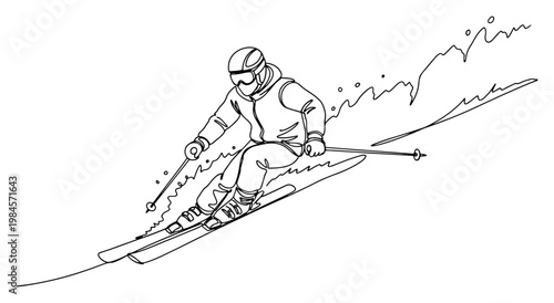 Skier downhill mountain slope continuous one line drawing minimalist winter sports action