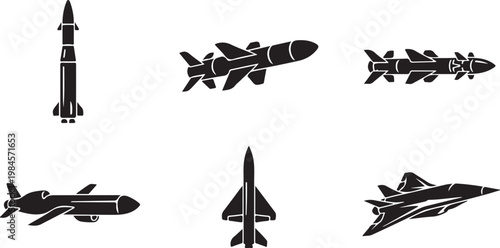 Collection of military missiles and jets with aircraft military airforce technology transport aerospace strategic trajectory illustration silhouette propulsion