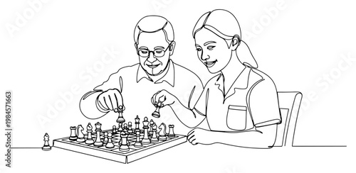 People playing chess game continuous one line drawing minimalist strategy and hobby concept