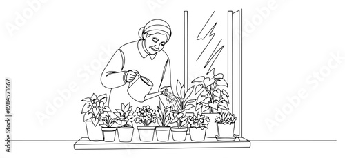Woman watering houseplants on windowsill continuous one line drawing minimalist gardening at home