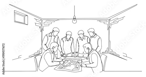 Team of businessmen looking at map or blueprint continuous one line drawing strategy and planning