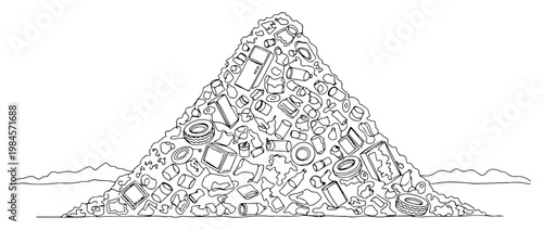 Huge pile of garbage landfill continuous one line drawing minimalist environmental pollution concept