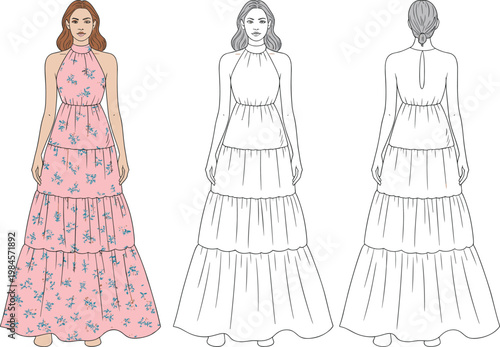 Flat vector halter neck tiered maxi dress with floral fashion illustration