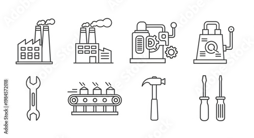 Industrial icons set factory machinery tools and equipment line art.