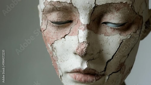 Artistic close-up of a cracked face sculpture highlighting unique texture and detail of the damaged surface in an artistic representation of human form. Generative AI