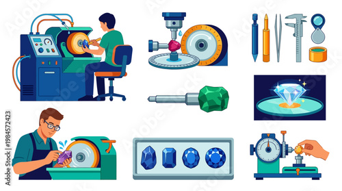 Gemstone cutting and polishing process with various machines and tools