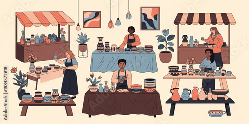 Pottery Market Scene with Artisans Selling Handmade Ceramic Vases Bowls Cups and Craft Fair Stall Illustration