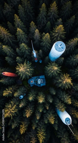 Overhead shot of wind turbines amidst a vast forest. Tall trees surround the mechanical structures against a textured, green backdrop