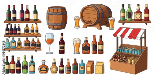 Beverage Collection Set with Bottles Barrels Beer Glasses Shelves Liquor Drinks and Market Display Elements Illustration
