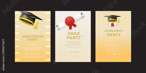 Three distinct graduation party invitation designs with elegant gold and black accents, featuring graduation caps and diplomas, ideal for a celebration