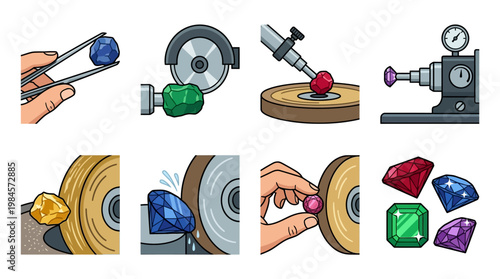 Cartoon illustration of gemstone cutting and polishing process steps shown