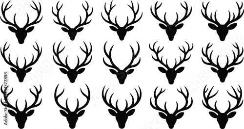 Fifteen black deer stag head silhouettes with majestic antlers arranged in neat rows on a white surface