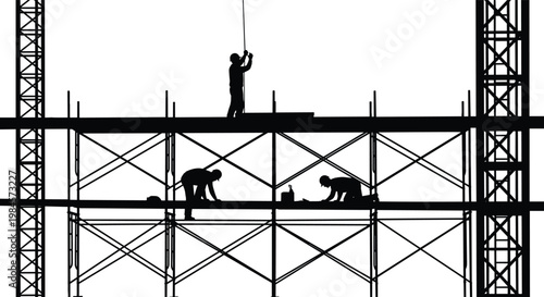Black Silhouette of Construction Workers Working on Scaffolding at Building Site with Cranes Isolated on White Background for Industrial Design