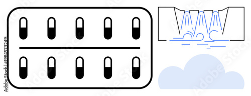Healthcare, industrial processes, environmental safety, medication production, waste management, eco solutions. Blister pack of capsules, cloud and drawn fluid mechanism. Healthcare and industrial