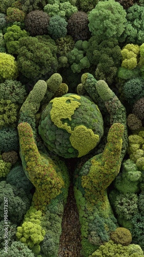 Embracing our planet: the intersection of nature and renewal. Unusual perspectives. Gentle hands cradling the world: a slightly enhanced forest fantasy. Creative concept. Edgy editorial.