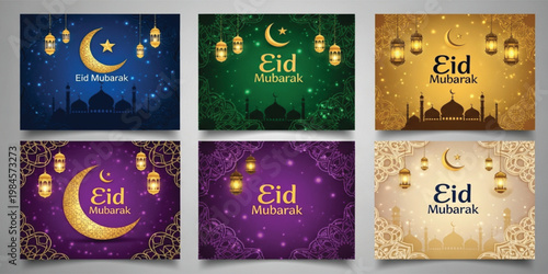 Eid Mubarak Greeting Card Collection with Islamic Lanterns Crescent Moon Mosque Silhouettes and Luxury Festive Background Designs