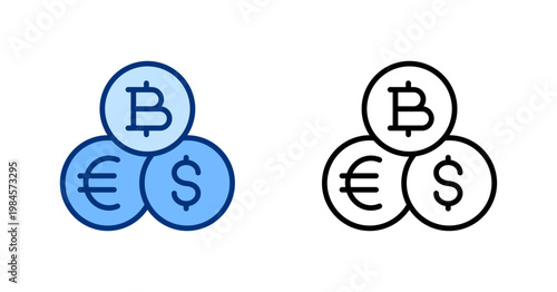 Coins thin line, solid icon set. Cryptocurrency, Financial Technology, Crypto Finance, Fintech, Trading, Bitcoin, Euro, Dollar concept. Black, blue outline vector icons.