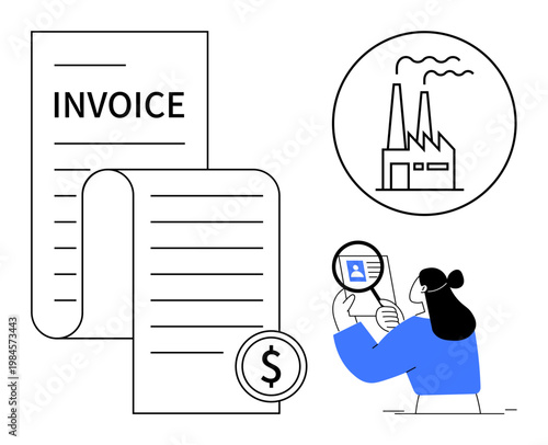 Invoice management. Invoice document linked to factory and analysis concepts. Invoice processing for financial reporting, business operations, industrial analysis, corporate research, and auditing