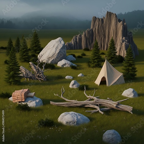 Scenic landscape featuring a tent amidst boulders, trees, and fallen logs. A rocky structure rises. Misty background