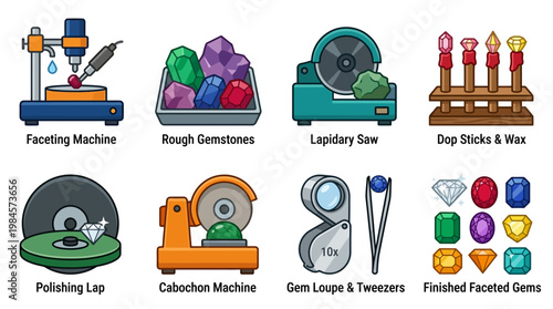 Gemstone cutting and polishing equipment with various machines and gemstones