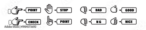 Creative hand gesture icon set with text labels including point, stop, check, good, bad, and nice. Perfect for UI stickers, social feedback, educational materials, presentations, messaging apps, and i